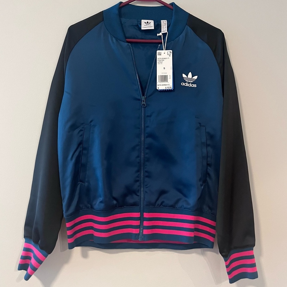 NWT Adidas Blue and Pink Bomber Jacket with Striped Trim